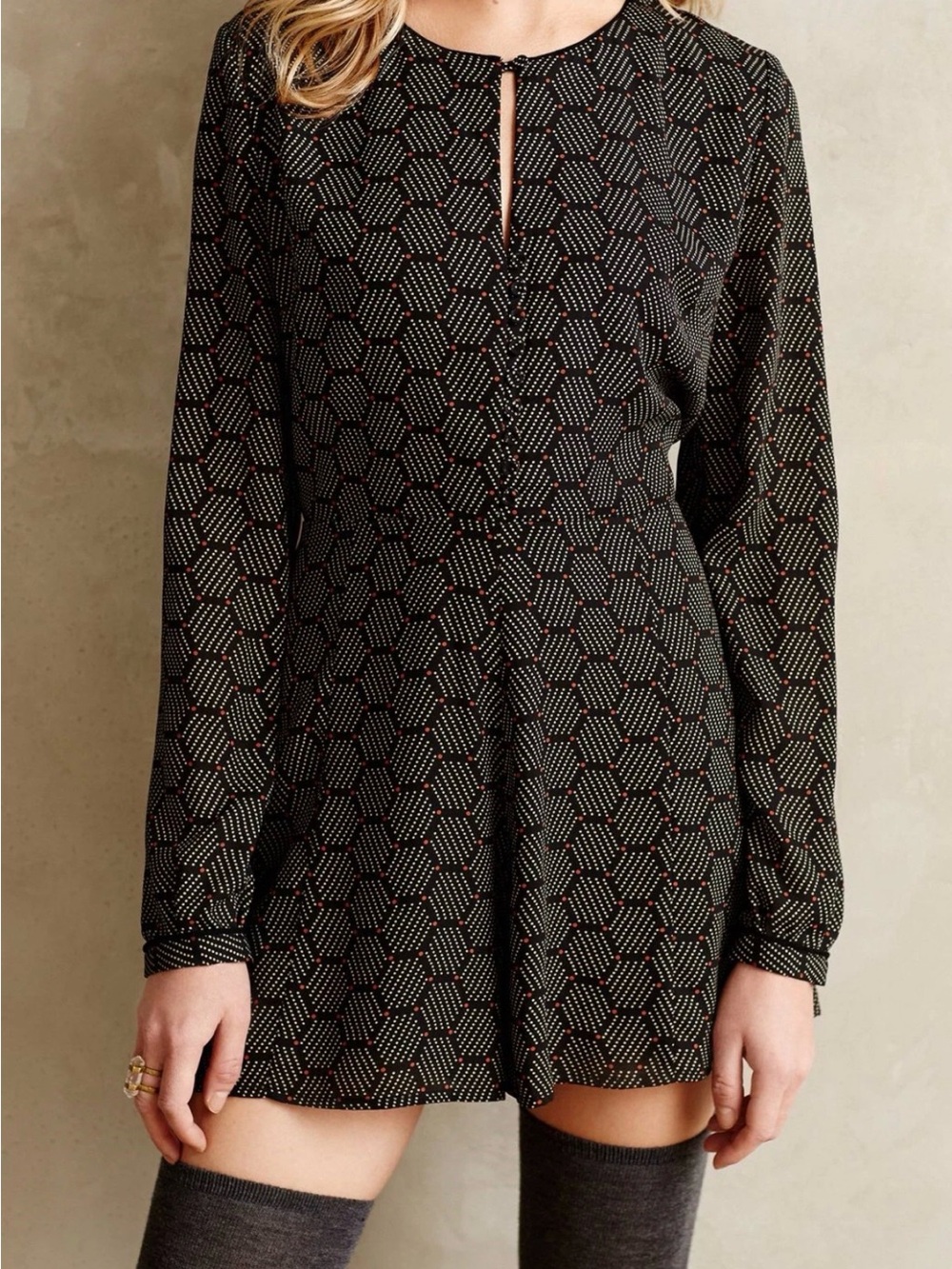 Anthropologie Harlyn Honeycomb Romper black long sleeves